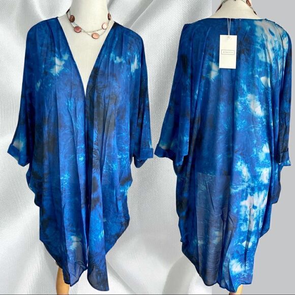 New! Multi-Blue Tie Dye Long Chiffon Kimono Beach Cover - Picture 2 of 8